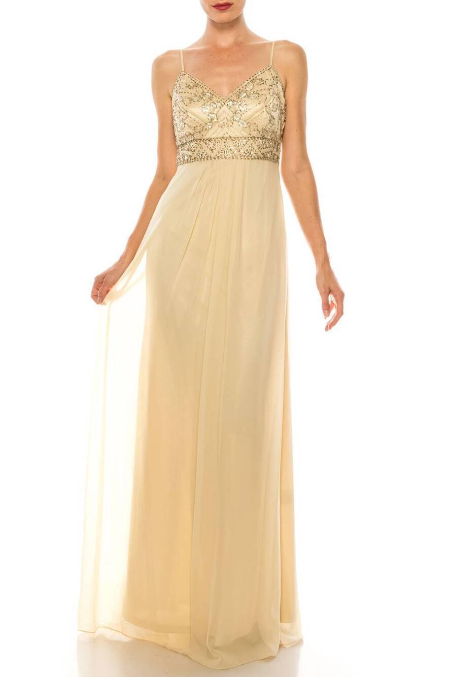 NEW SUE WONG women's beaded chiffon spaghetti strap dress in champagne
